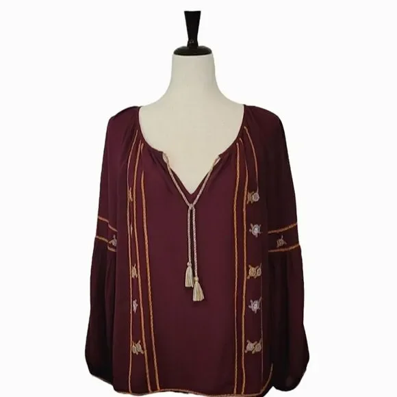 Hippie Laundry Maroon Embroidered Split Neck Ballon Sleeve Pheasant Blouse M - Picture 2 of 12
